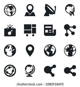 Set of vector isolated black icon - satellite antenna vector, bomb in case, globe, plane, earth, pin, consolidated cargo, network, share, news, social media