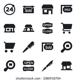 Set of vector isolated black icon - 24 around vector, pen, store, search cargo, sale, sold signboard, cafe building, open close, cart, storefront