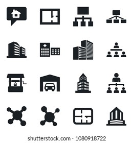 Set of vector isolated black icon - hierarchy vector, well, molecule, hospital, office building, garage, plan, home message