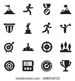 Set of vector isolated black icon - dispatcher vector, pedestal, pennant, medal, run, stopwatch, target, motivation, award cup