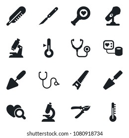 Set of vector isolated black icon - trowel vector, pruner, saw, stethoscope, blood pressure, thermometer, heart diagnostic, microscope, scalpel, microphone