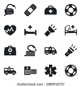 Set of vector isolated black icon - hose vector, heart pulse, doctor case, patch, ambulance star, car, hospital bed, torch, crisis management