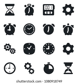 Set of vector isolated black icon - alarm clock vector, settings, stopwatch, gear, sand