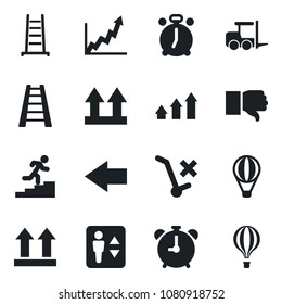 Set of vector isolated black icon - elevator vector, alarm clock, left arrow, fork loader, ladder, up side sign, no trolley, finger down, career, graph, growth, air balloon