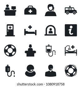 Set of vector isolated black icon - reception vector, medical room, manager place, doctor case, dropper, ambulance car, hospital bed, support, information, crisis management