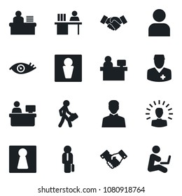 Set of vector isolated black icon - male vector, female, handshake, manager place, eye, doctor, user, desk, shining head, man with notebook
