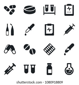 Set Of Vector Isolated Black Icon - Syringe Vector, Blood Test Vial, Dropper, Pills, Blister, Ampoule, Pulse Clipboard, Flask