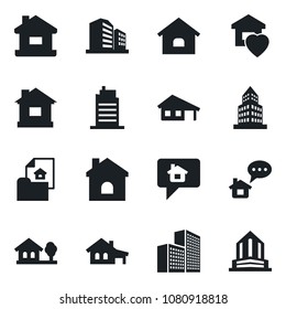 Set of vector isolated black icon - house vector, office building, with garage, tree, estate document, sweet home, city, message
