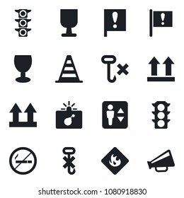 Set of vector isolated black icon - elevator vector, no smoking, bomb in case, border cone, important flag, traffic light, fragile, up side sign, hook, flammable, loudspeaker