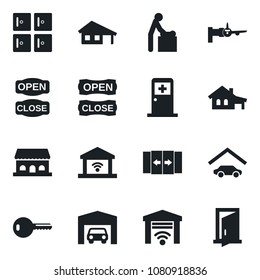 Set of vector isolated black icon - automatic door vector, baby room, boarding, medical, checkroom, house with garage, key, cafe building, open close, gate control