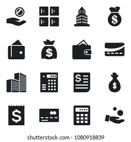 Set of vector isolated black icon - credit card vector, checkroom, money bag, receipt, office building, combination lock, wallet, investment