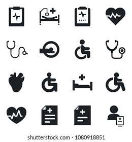 Set of vector isolated black icon - disabled vector, heart pulse, diagnosis, stethoscope, tomography, hospital bed, real, clipboard, patient