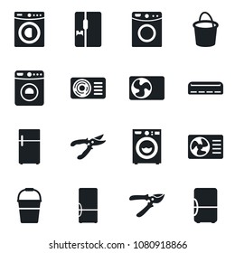 Set of vector isolated black icon - washer vector, bucket, pruner, air conditioner, fridge