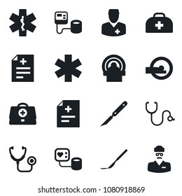 Set of vector isolated black icon - doctor case vector, diagnosis, stethoscope, blood pressure, scalpel, tomography, ambulance star