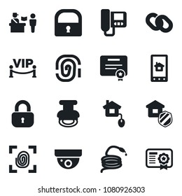 Set of vector isolated black icon - passport control vector, hose, chain, lock, stamp, estate insurance, vip zone, home, fingerprint, intercome, app, surveillance, certificate