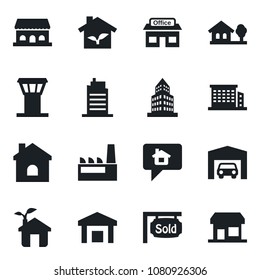 Set of vector isolated black icon - airport tower vector, house, store, warehouse, office building, with tree, garage, sold signboard, city, factory, cafe, eco, home message, storefront
