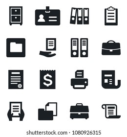 Set of vector isolated black icon - identity vector, office binder, document, printer, receipt, folder, news, clipboard, case, paper, archive box, contract