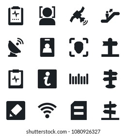 Set of vector isolated black icon - escalator vector, document, pulse clipboard, signpost, barcode, satellite antenna, notes, wireless, face id, identity card, information, guidepost