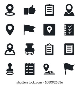 Set of vector isolated black icon - stamp vector, navigation, pin, clipboard, finger up, place tag, checklist, flag