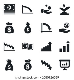 Set of vector isolated black icon - growth statistic vector, money bag, crisis graph, irrigation, investment, cash, presentation