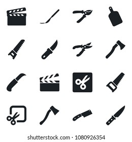 Set of vector isolated black icon - pruner vector, saw, garden knife, axe, scalpel, clapboard, cut, cutting board
