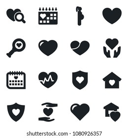 Set of vector isolated black icon - heart vector, pulse, diagnostic, shield, hand, medical calendar, pregnancy, sweet home