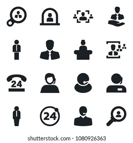 Set of vector isolated black icon - 24 around vector, reception, manager, hours, support, client, hr, consumer search