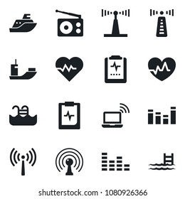 Set of vector isolated black icon - antenna vector, wireless notebook, heart pulse, clipboard, sea shipping, radio, equalizer, pool