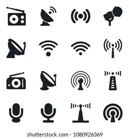 Set of vector isolated black icon - antenna vector, satellite, microphone, radio, wireless