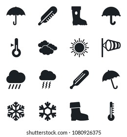 Set of vector isolated black icon - umbrella vector, sun, clouds, storm cloud, wind, boot, rain, thermometer, snowflake