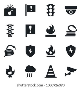 Set of vector isolated black icon - bomb in case vector, border cone, storm cloud, fire, hose, important flag, traffic light, flammable, protect, surveillance