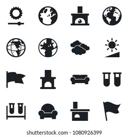 Set of vector isolated black icon - clouds vector, fireplace, blood test vial, earth, brightness, cushioned furniture, flag