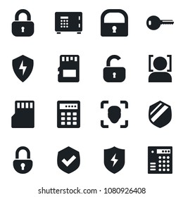 Set of vector isolated black icon - safe vector, shield, protect, sd, lock, face id, key, combination
