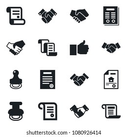 Set of vector isolated black icon - handshake vector, contract, finger up, stamp, estate document