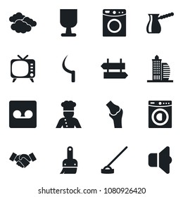 Set of vector isolated black icon - signpost vector, clouds, handshake, hoe, sickle, joint, fragile, tv, themes, record, office building, washer, cook, turkish coffee, sound