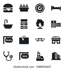 Set of vector isolated black icon - suitcase vector, bed, calculator, meeting, tree, picnic table, stethoscope, hospital, store, radio phone, sale, rooms, bathroom, hamburger, target