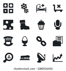 Set of vector isolated black icon - boot vector, hospital bed, no trolley, satellite antenna, microphone, chain, application, document folder, stapler, client search, children room, egg stand, gear
