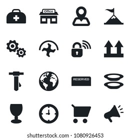 Set of vector isolated black icon - tie vector, ripper, doctor case, navigation, earth, store, clock, fragile, up side sign, reserved, plates, wireless lock, gear, motivation, cart, advertising