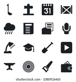 Set of vector isolated black icon - graduate vector, document, shovel, saw, rain, signpost, container, vinyl, microphone, play button, calendar, folder, desk lamp, table, ladle, wallet