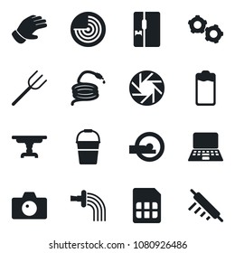 Set of vector isolated black icon - camera vector, radar, gear, notebook pc, farm fork, bucket, watering, glove, hose, tomography, battery, mobile, sim, table, fridge, rolling pin