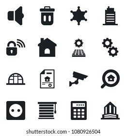 Set of vector isolated black icon - house vector, greenhouse, sun panel, estate document, search, city, socket, wireless lock, gear, sound, jalousie, police, trash bin, combination, surveillance