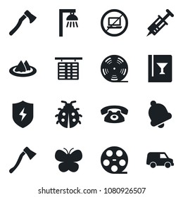 Set of vector isolated black icon - no laptop vector, flight table, butterfly, lady bug, axe, syringe, reel, protect, bell, phone, serviette, wine card, outdoor lamp, car