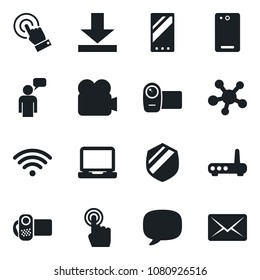Set of vector isolated black icon - speaking man vector, shield, video camera, touch screen, laptop pc, share, mobile, phone back, message, download, wireless, router, mail