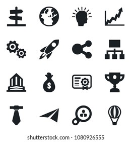 Set of vector isolated black icon - consumer search vector, gear, shining head, rocket, money bag, earth, growth graph, paper plane, social media, hierarchy, certificate, award cup, tie, guidepost