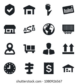 Set of vector isolated black icon - signpost vector, navigation, earth, store, client, truck trailer, clock, receipt, cargo, up side sign, tulip, warehouse, shield, barcode, route