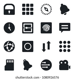 Set of vector isolated black icon - menu vector, message, clock, bell, record, scanner, sd, network, data exchange, compass, lock, fingerprint id, video