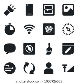 Set of vector isolated black icon - phone back vector, message, update, gallery, themes, user, stopwatch, scanner, network, notes, wireless, torch, compass, fingerprint id, cellular signal