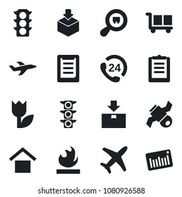 Set of vector isolated black icon - plane vector, satellite, traffic light, 24 hours, clipboard, cargo, warehouse storage, tulip, package, flammable, search, barcode