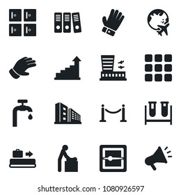 Set of vector isolated black icon - fence vector, baggage conveyor, baby room, plane globe, airport building, checkroom, growth statistic, glove, blood test vial, menu, scanner, paper binder, office