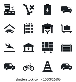 Set of vector isolated black icon - arrival vector, baggage trolley, border cone, seat map, airport building, bike, car delivery, container, consolidated cargo, no, garage, gate control, battery